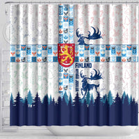 Finland Christmas Shower Curtain with Reindeer Forest Crest and Nordic Pattern Design - Wonder Print Shop