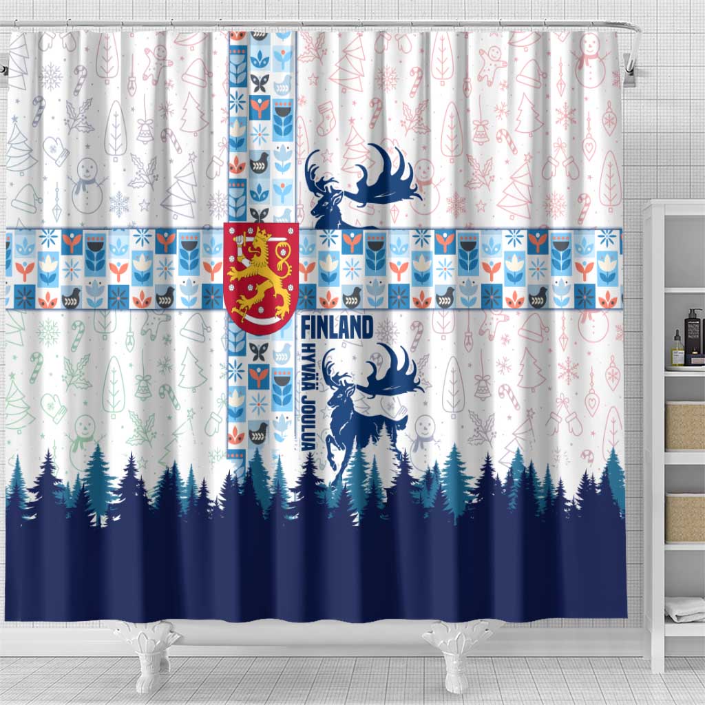 Finland Christmas Shower Curtain with Reindeer Forest Crest and Nordic Pattern Design - Wonder Print Shop