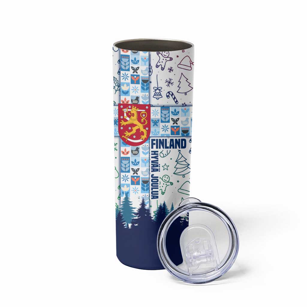 Finland Christmas Skinny Tumbler with Reindeer Forest Crest and Nordic Pattern Design - Wonder Print Shop