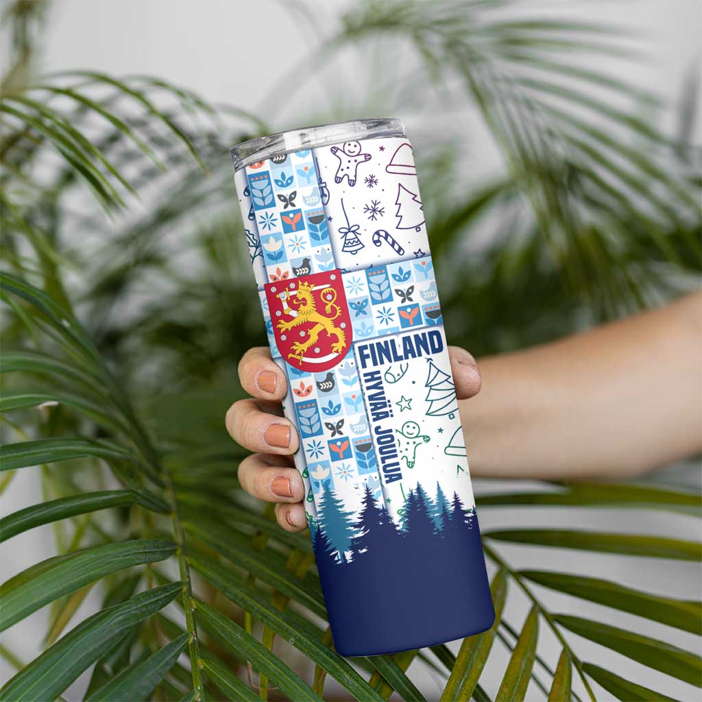 Finland Christmas Skinny Tumbler with Reindeer Forest Crest and Nordic Pattern Design - Wonder Print Shop