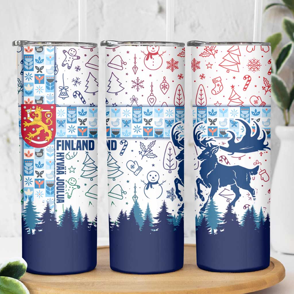 Finland Christmas Skinny Tumbler with Reindeer Forest Crest and Nordic Pattern Design - Wonder Print Shop