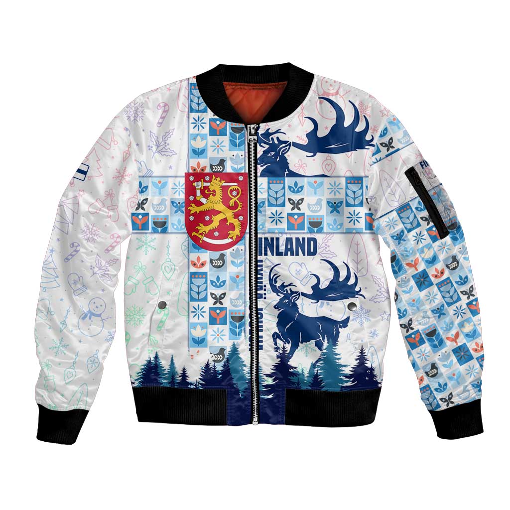 Finland Christmas Sleeve Zip Bomber Jacket with Reindeer Forest Crest and Nordic Pattern Design - Wonder Print Shop