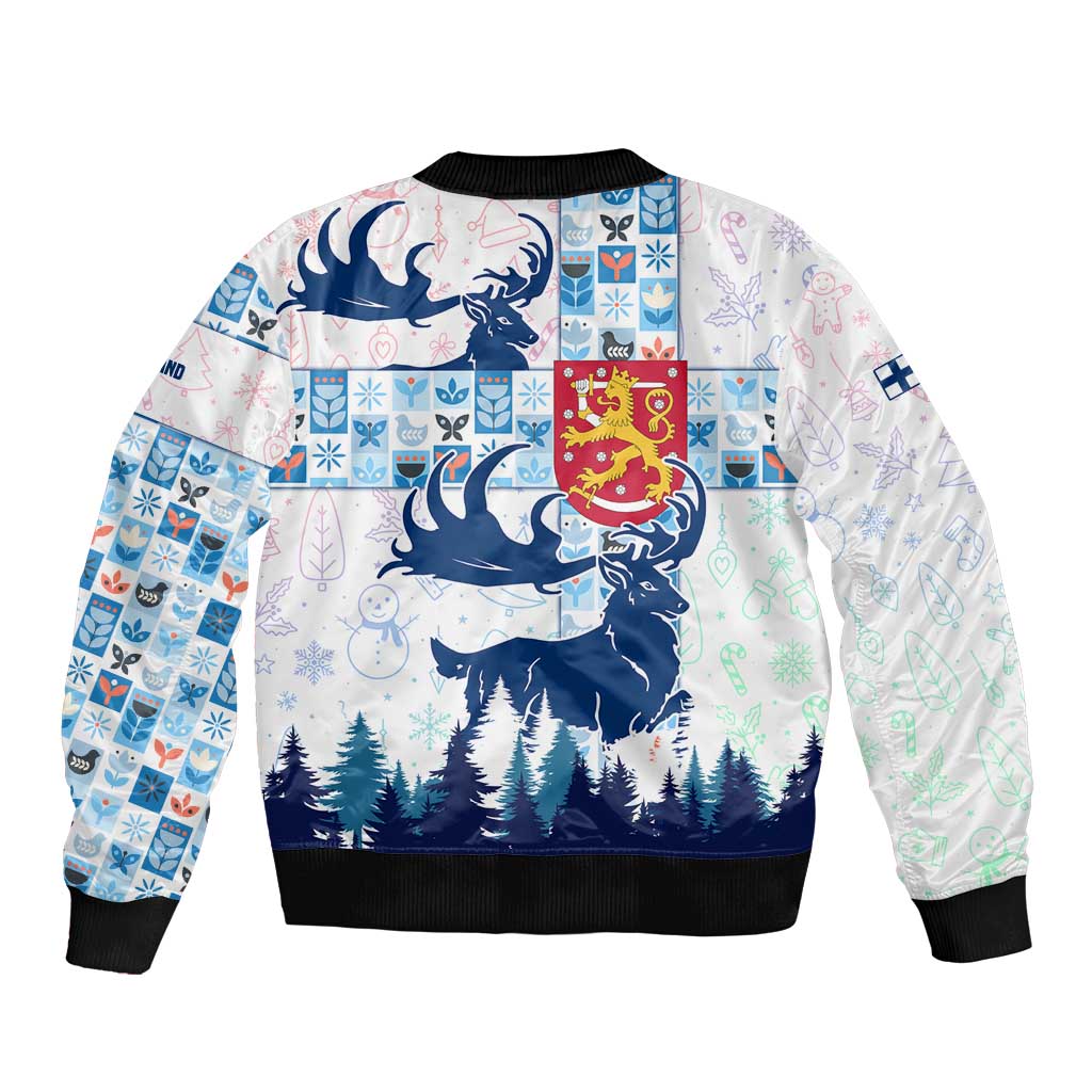 Finland Christmas Sleeve Zip Bomber Jacket with Reindeer Forest Crest and Nordic Pattern Design - Wonder Print Shop