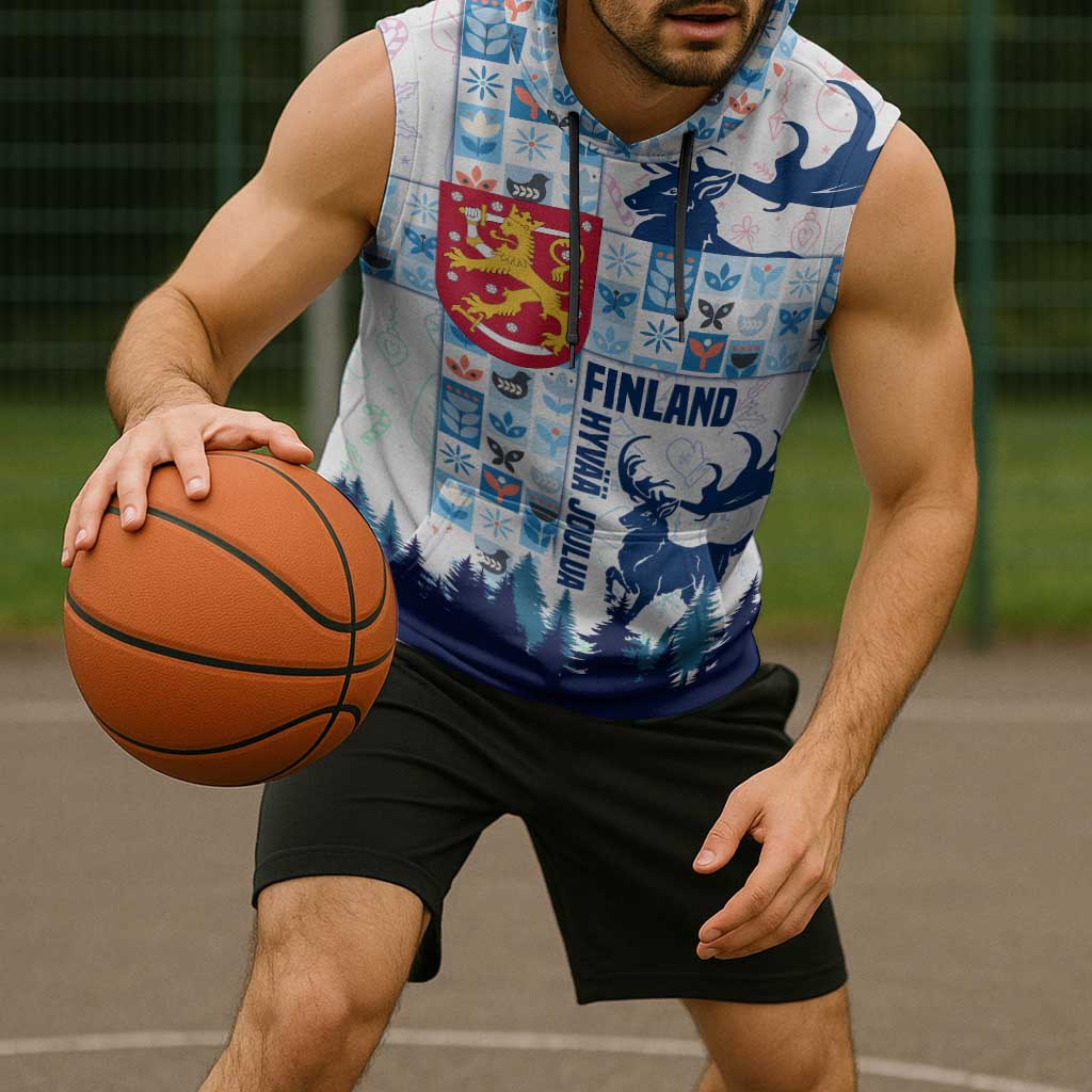 Finland Christmas Sleeveless Hoodie with Reindeer Forest Crest and Nordic Pattern Design - Wonder Print Shop