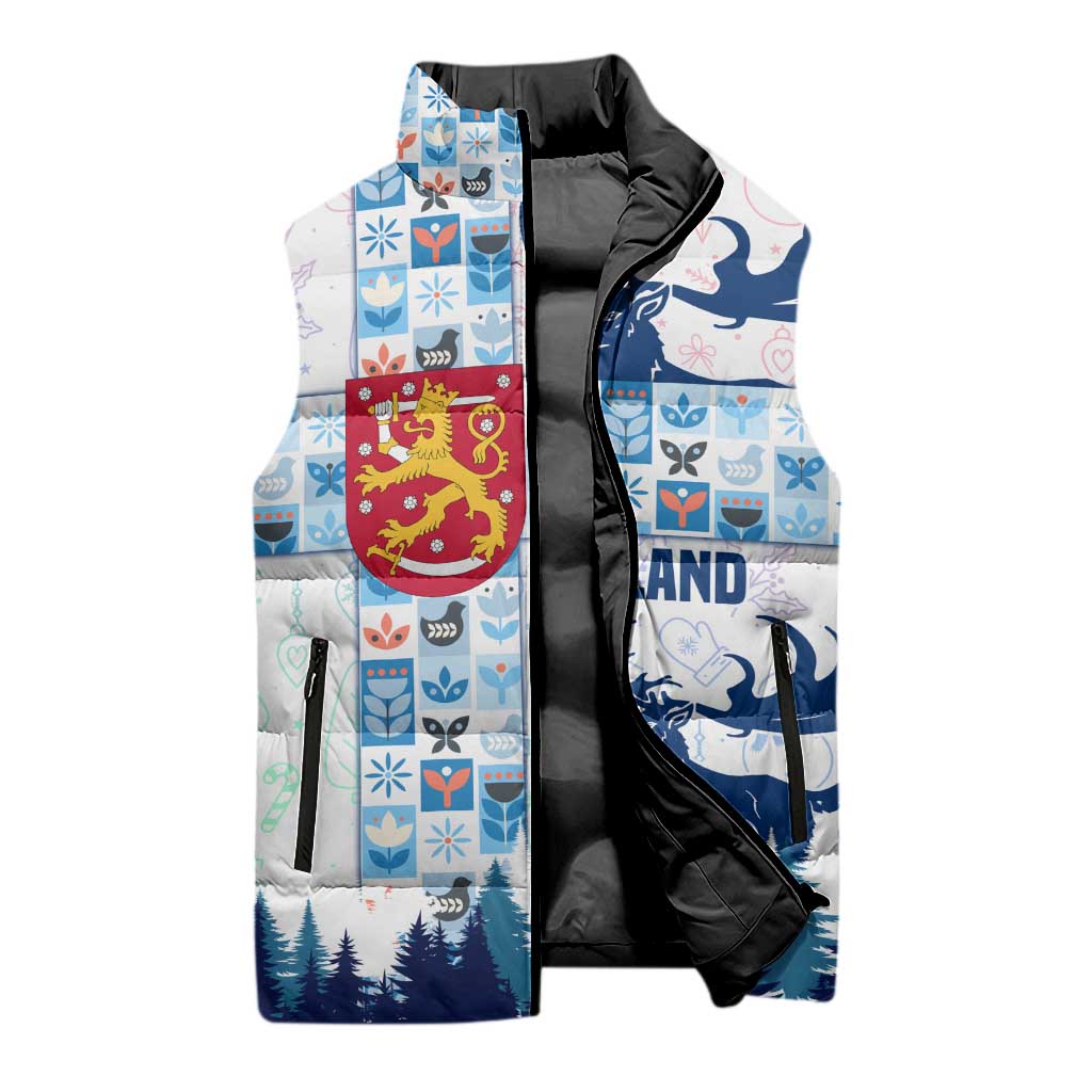 Finland Christmas Sleeveless Puffer Jacket with Reindeer Forest Crest and Nordic Pattern Design - Wonder Print Shop