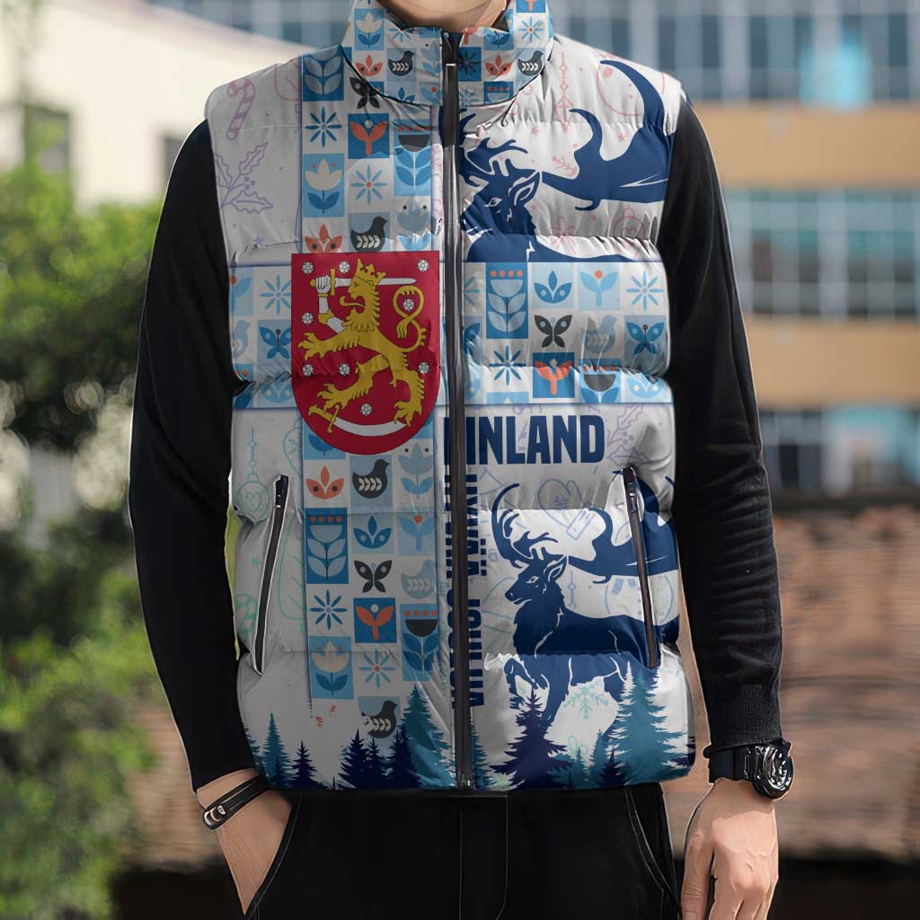 Finland Christmas Sleeveless Puffer Jacket with Reindeer Forest Crest and Nordic Pattern Design - Wonder Print Shop