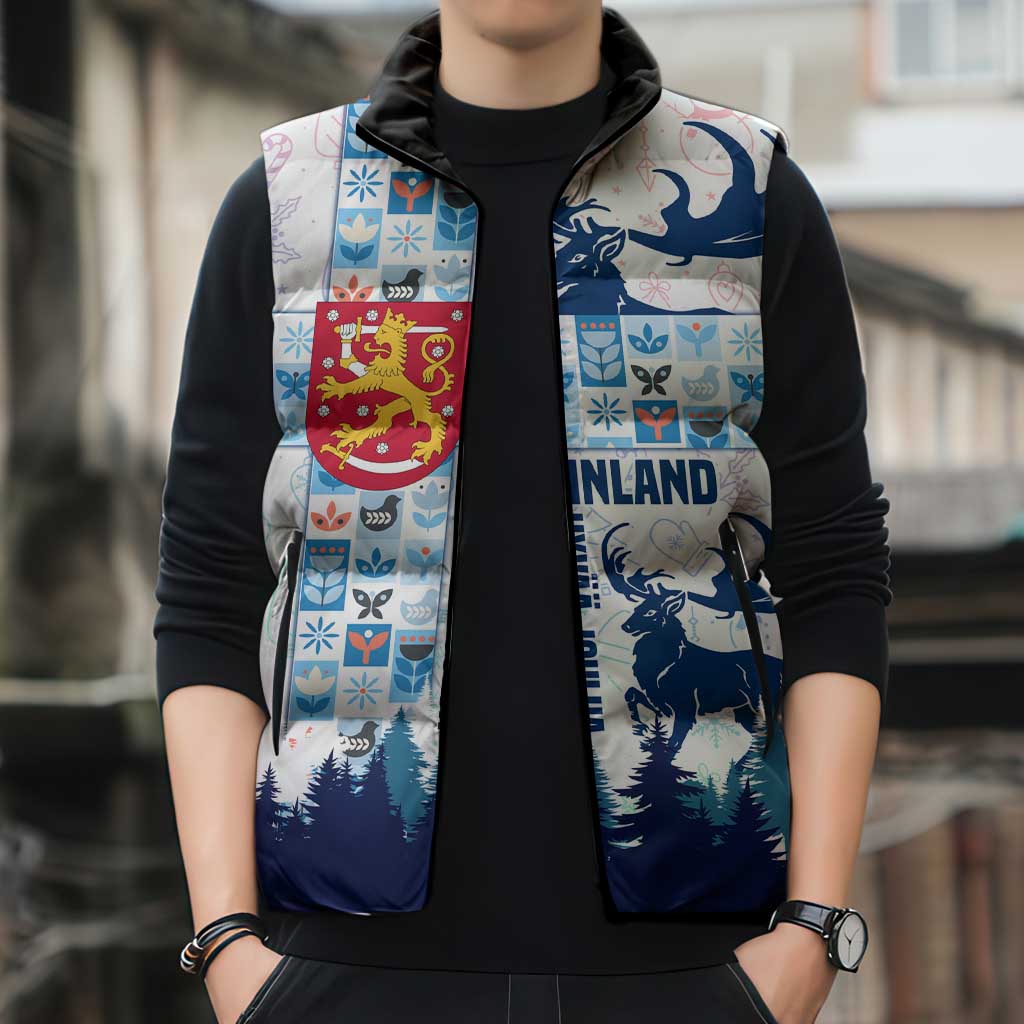 Finland Christmas Sleeveless Puffer Jacket with Reindeer Forest Crest and Nordic Pattern Design - Wonder Print Shop