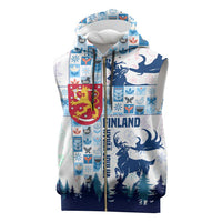 Finland Christmas Sleeveless Zip Hoodie with Reindeer Forest Crest and Nordic Pattern Design - Wonder Print Shop