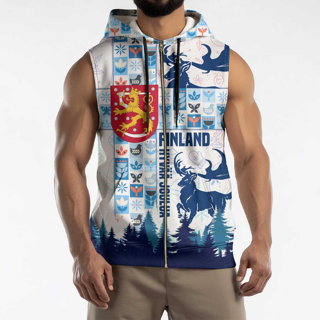 Finland Christmas Sleeveless Zip Hoodie with Reindeer Forest Crest and Nordic Pattern Design - Wonder Print Shop