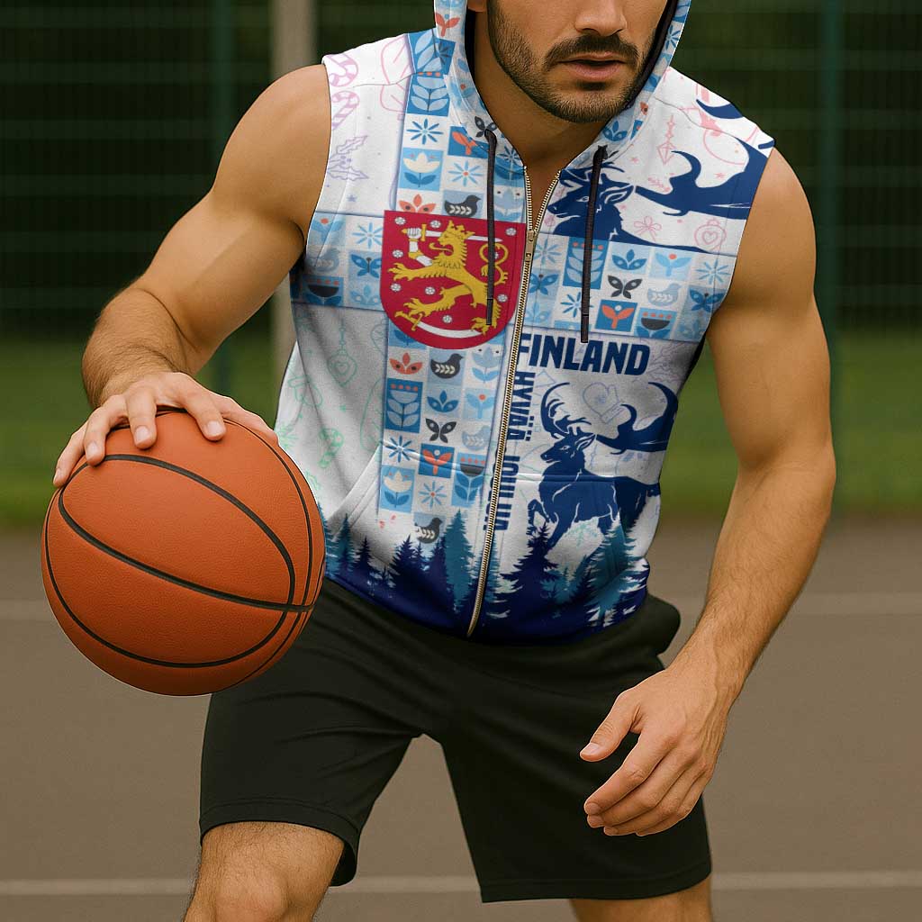 Finland Christmas Sleeveless Zip Hoodie with Reindeer Forest Crest and Nordic Pattern Design - Wonder Print Shop