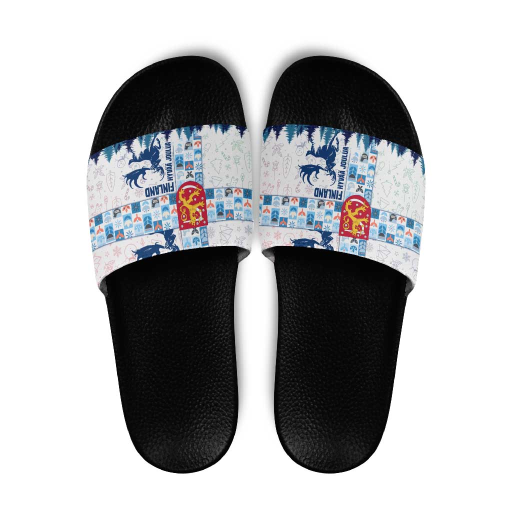 Finland Christmas Slide Sandals with Reindeer Forest Crest and Nordic Pattern Design - Wonder Print Shop