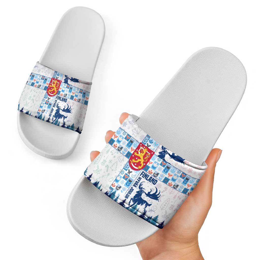Finland Christmas Slide Sandals with Reindeer Forest Crest and Nordic Pattern Design - Wonder Print Shop