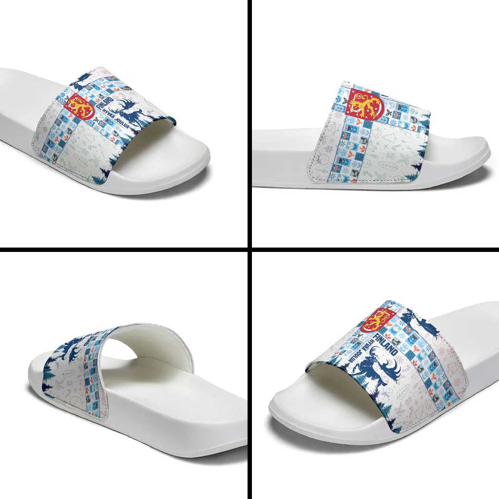 Finland Christmas Slide Sandals with Reindeer Forest Crest and Nordic Pattern Design - Wonder Print Shop