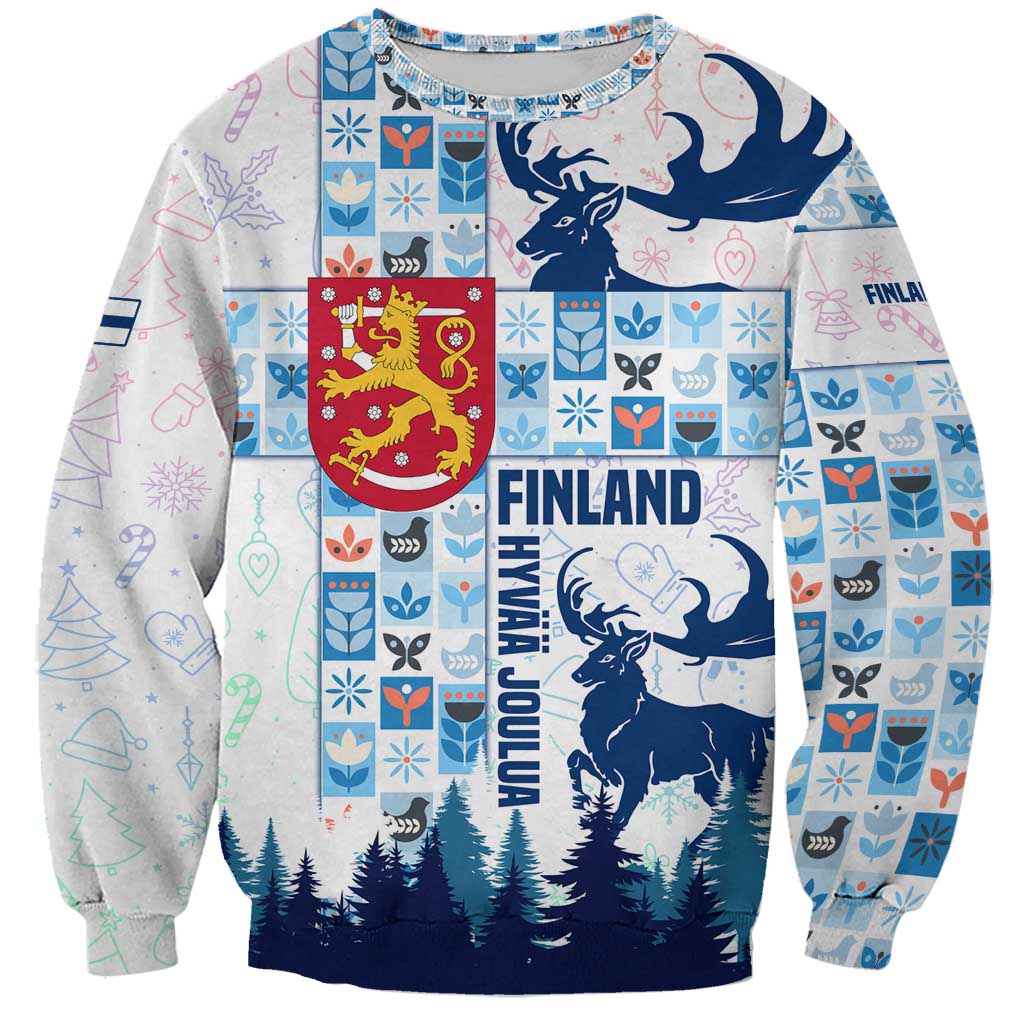 Finland Christmas Sweatshirt with Reindeer Forest Crest and Nordic Pattern Design - Wonder Print Shop