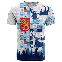 Finland Christmas T Shirt with Reindeer Forest Crest and Nordic Pattern Design - Wonder Print Shop