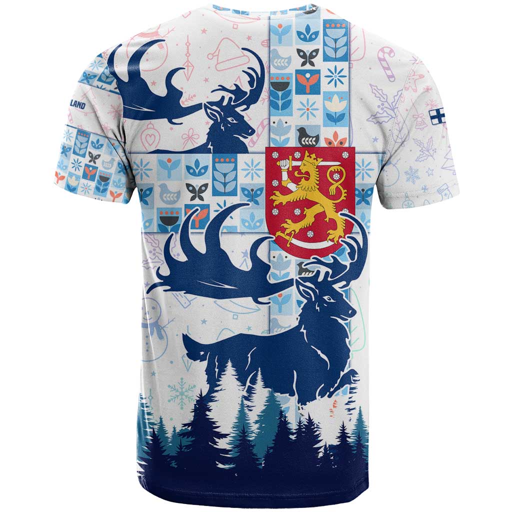 Finland Christmas T Shirt with Reindeer Forest Crest and Nordic Pattern Design - Wonder Print Shop