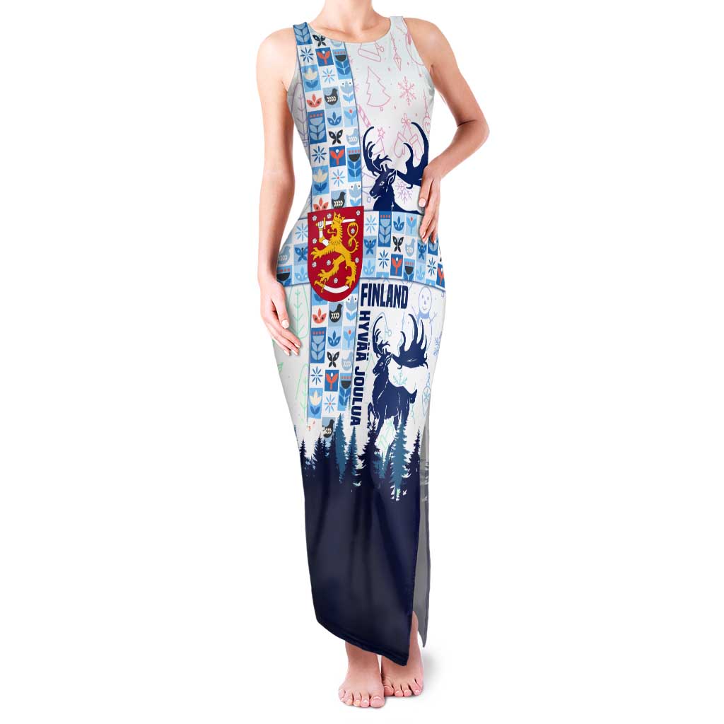 Finland Christmas Tank Maxi Dress with Reindeer Forest Crest and Nordic Pattern Design - Wonder Print Shop