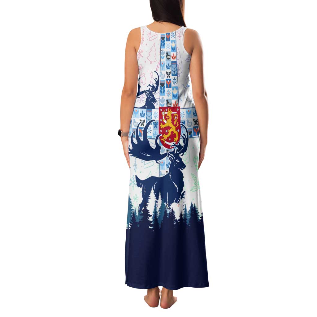 Finland Christmas Tank Maxi Dress with Reindeer Forest Crest and Nordic Pattern Design - Wonder Print Shop