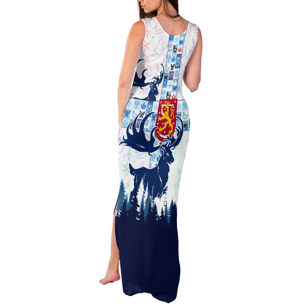Finland Christmas Tank Maxi Dress with Reindeer Forest Crest and Nordic Pattern Design - Wonder Print Shop