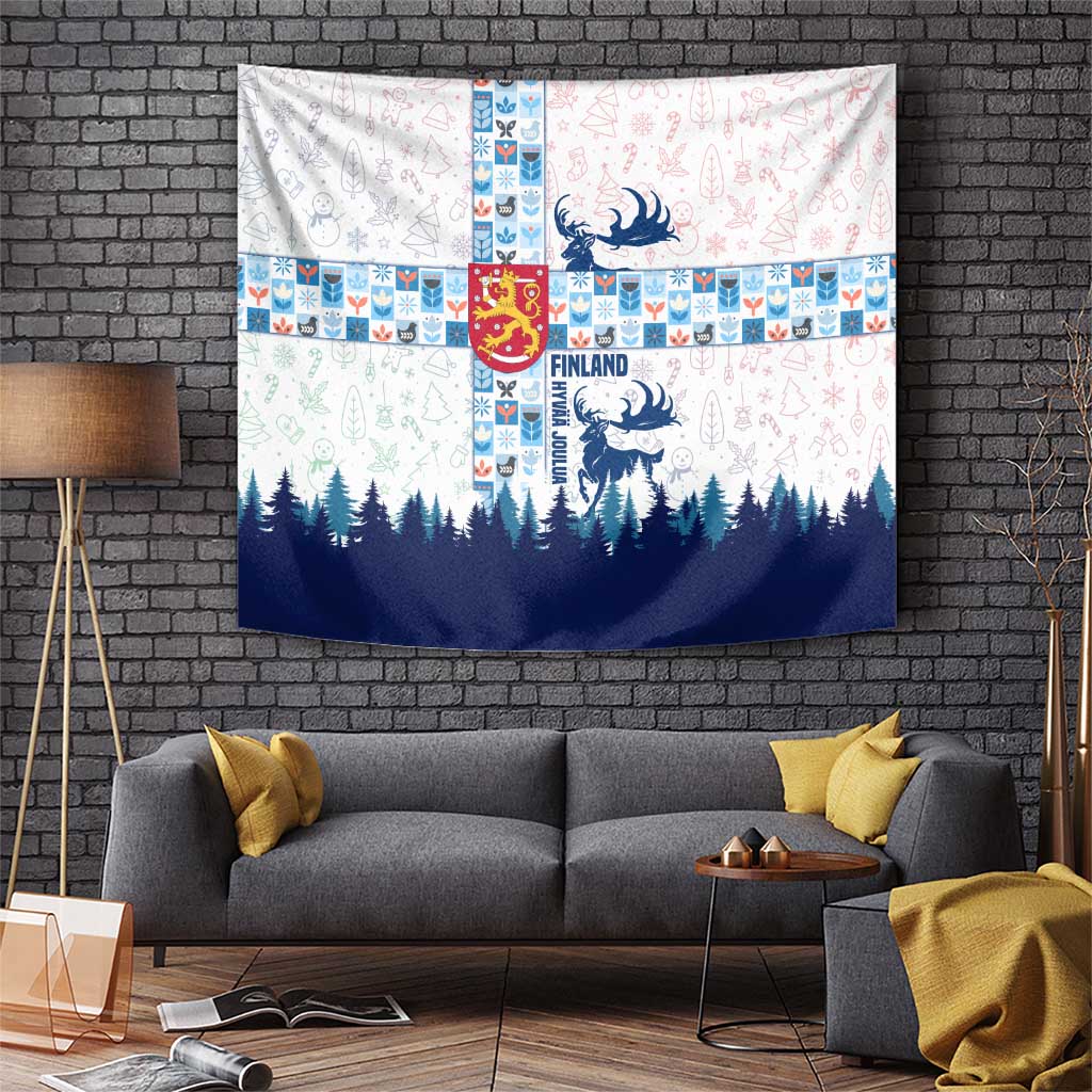 Finland Christmas Tapestry with Reindeer Forest Crest and Nordic Pattern Design - Wonder Print Shop