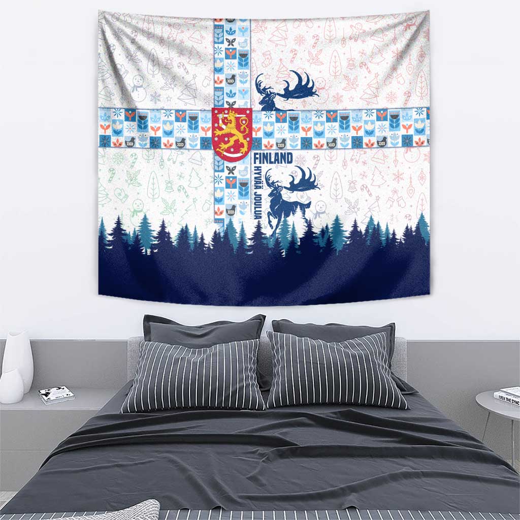 Finland Christmas Tapestry with Reindeer Forest Crest and Nordic Pattern Design - Wonder Print Shop