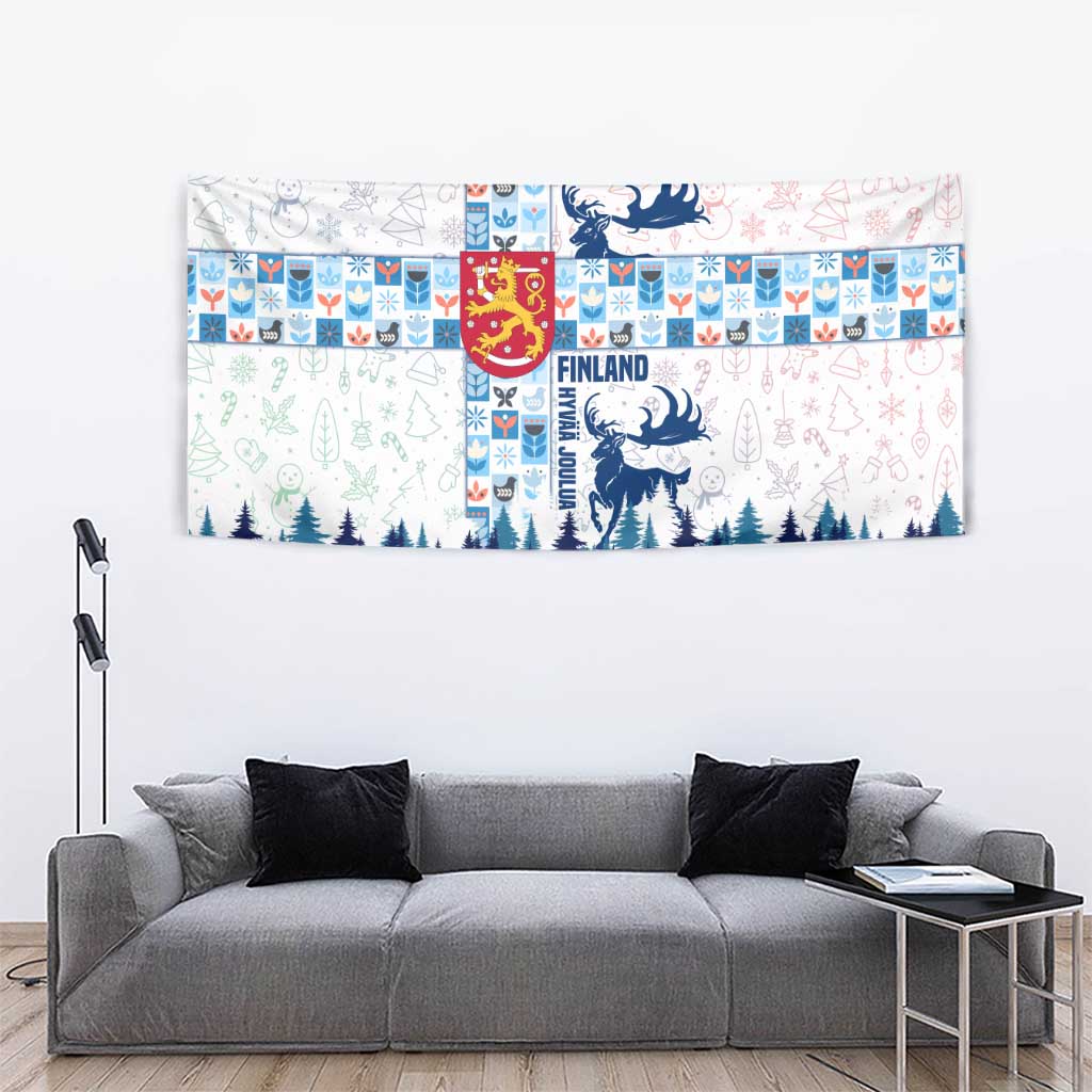 Finland Christmas Tapestry with Reindeer Forest Crest and Nordic Pattern Design - Wonder Print Shop