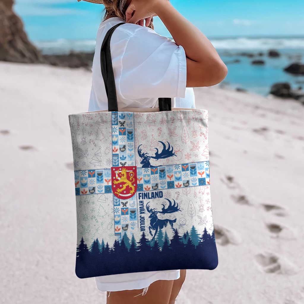 Finland Christmas Tote Bag with Reindeer Forest Crest and Nordic Pattern Design - Wonder Print Shop