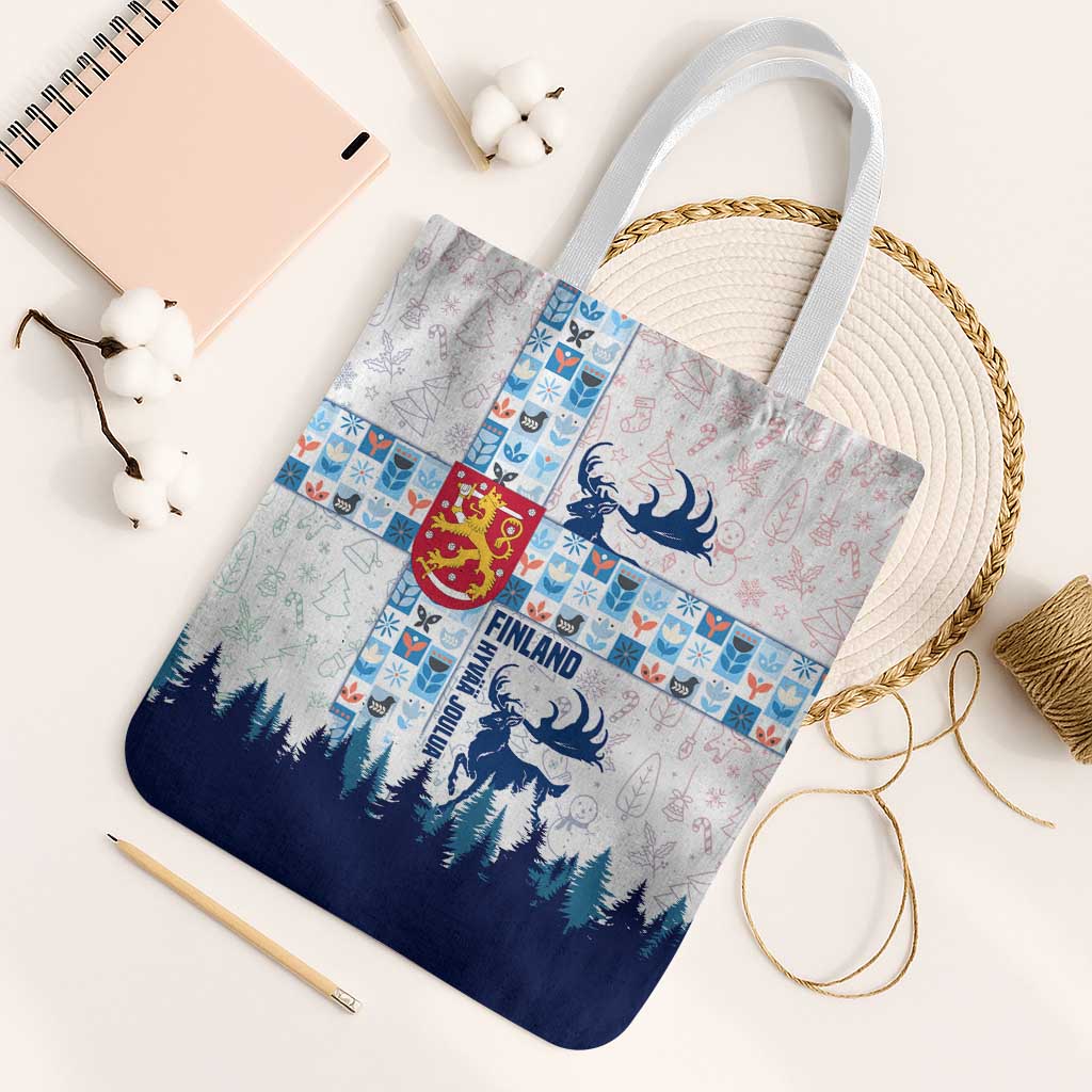 Finland Christmas Tote Bag with Reindeer Forest Crest and Nordic Pattern Design - Wonder Print Shop