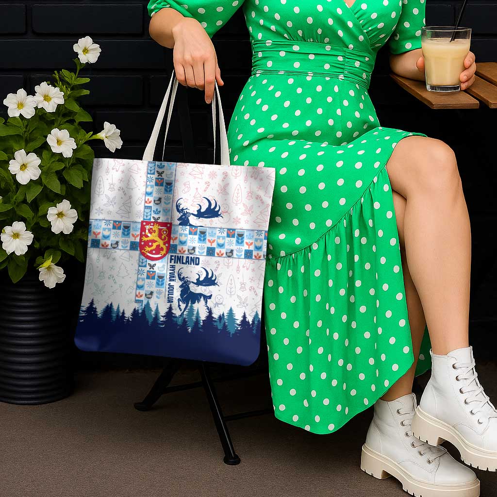 Finland Christmas Tote Bag with Reindeer Forest Crest and Nordic Pattern Design - Wonder Print Shop