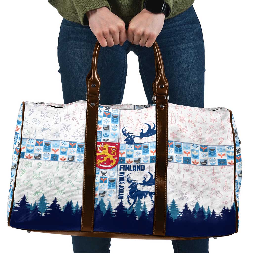 Finland Christmas Travel Bag with Reindeer Forest Crest and Nordic Pattern Design - Wonder Print Shop