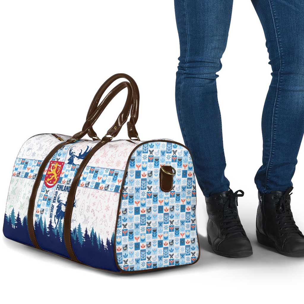 Finland Christmas Travel Bag with Reindeer Forest Crest and Nordic Pattern Design - Wonder Print Shop