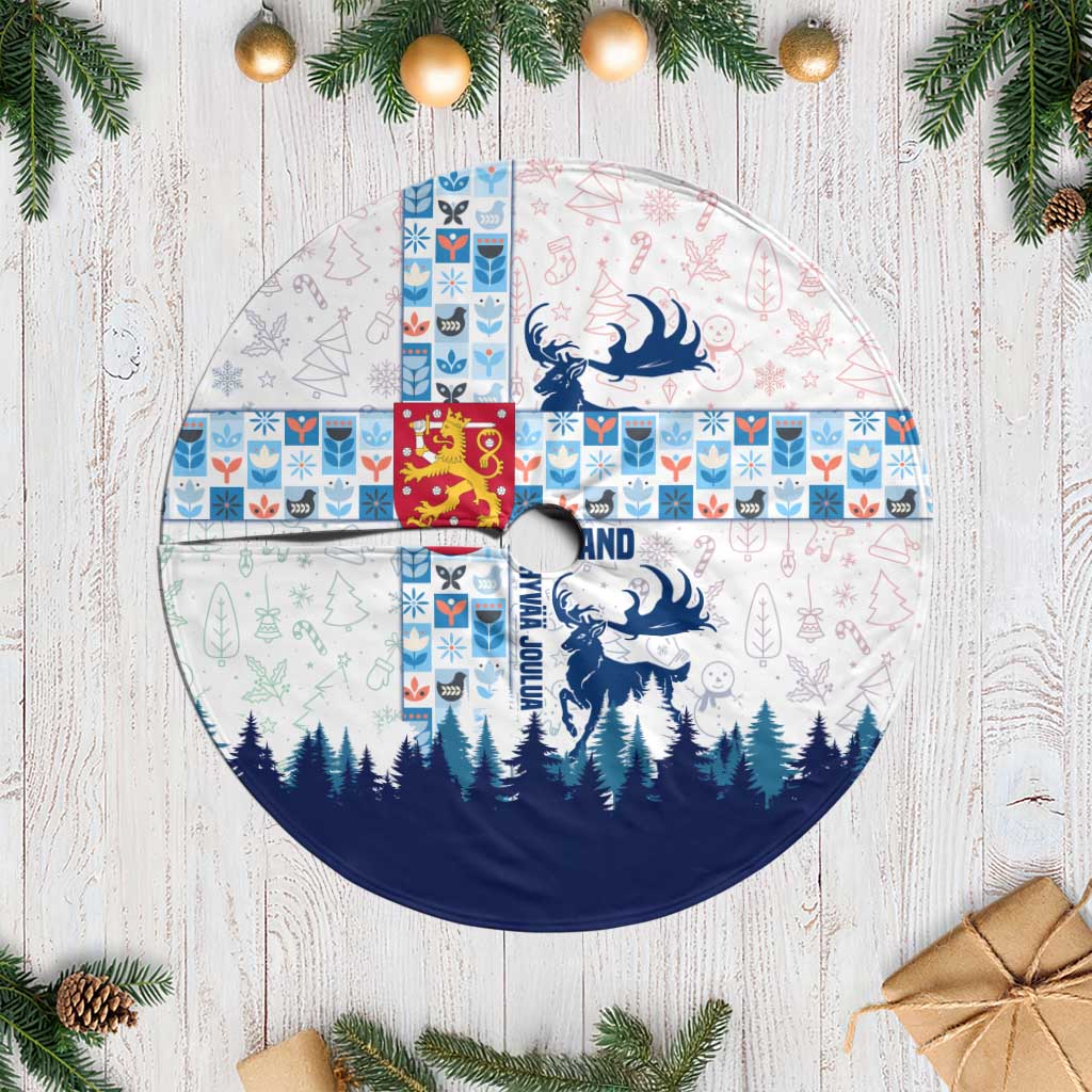 Finland Christmas Tree Skirt with Reindeer Forest Crest and Nordic Pattern Design - Wonder Print Shop