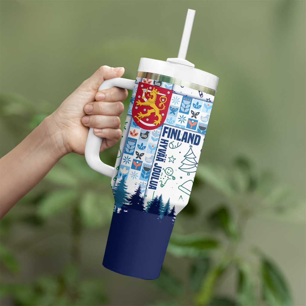 Finland Christmas Tumbler With Handle with Reindeer Forest Crest and Nordic Pattern Design - Wonder Print Shop