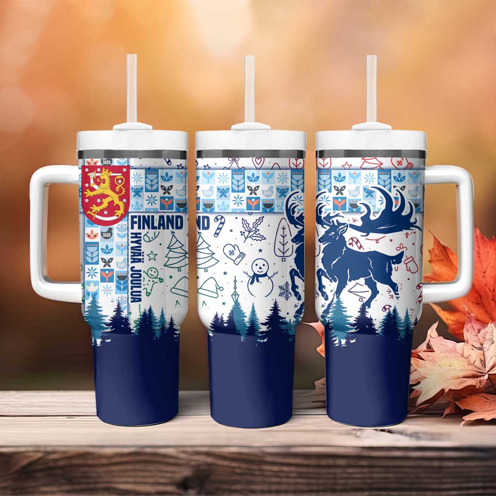 Finland Christmas Tumbler With Handle with Reindeer Forest Crest and Nordic Pattern Design - Wonder Print Shop