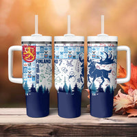 Finland Christmas Tumbler With Handle with Reindeer Forest Crest and Nordic Pattern Design - Wonder Print Shop
