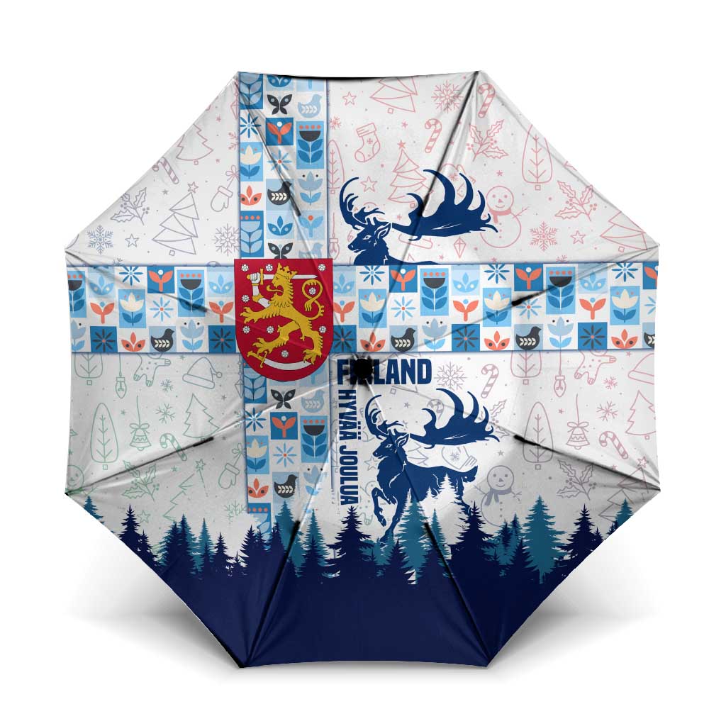 Finland Christmas Umbrella with Reindeer Forest Crest and Nordic Pattern Design - Wonder Print Shop