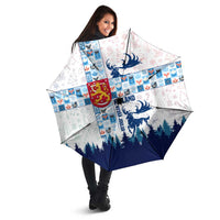 Finland Christmas Umbrella with Reindeer Forest Crest and Nordic Pattern Design - Wonder Print Shop