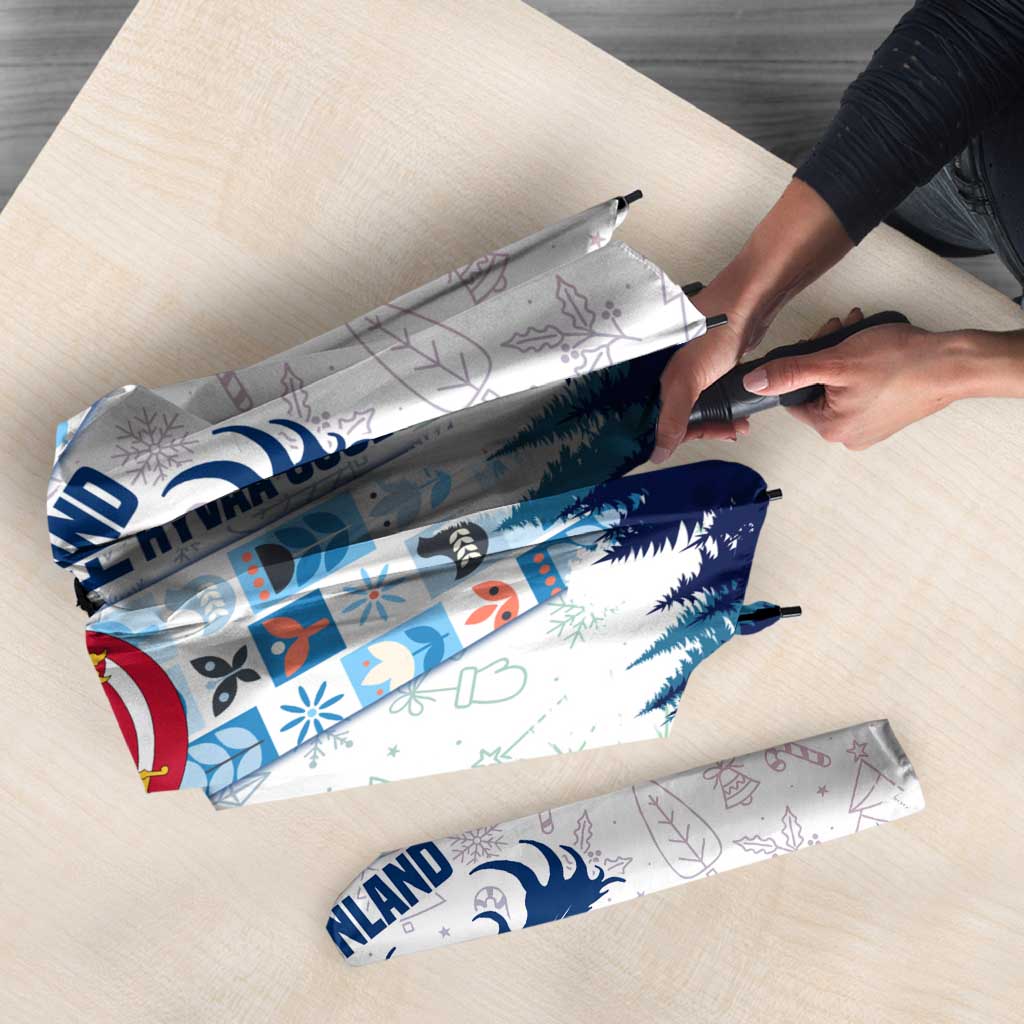 Finland Christmas Umbrella with Reindeer Forest Crest and Nordic Pattern Design - Wonder Print Shop