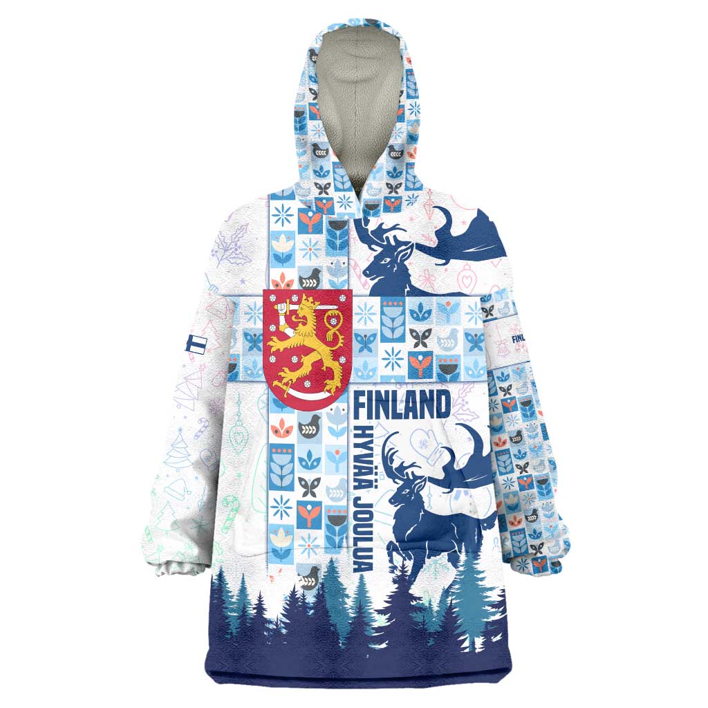 Finland Christmas Wearable Blanket Hoodie with Reindeer Forest Crest and Nordic Pattern Design - Wonder Print Shop