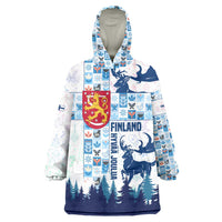 Finland Christmas Wearable Blanket Hoodie with Reindeer Forest Crest and Nordic Pattern Design - Wonder Print Shop