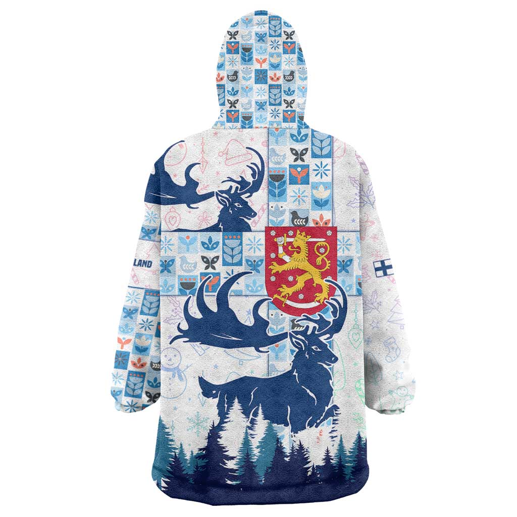 Finland Christmas Wearable Blanket Hoodie with Reindeer Forest Crest and Nordic Pattern Design - Wonder Print Shop