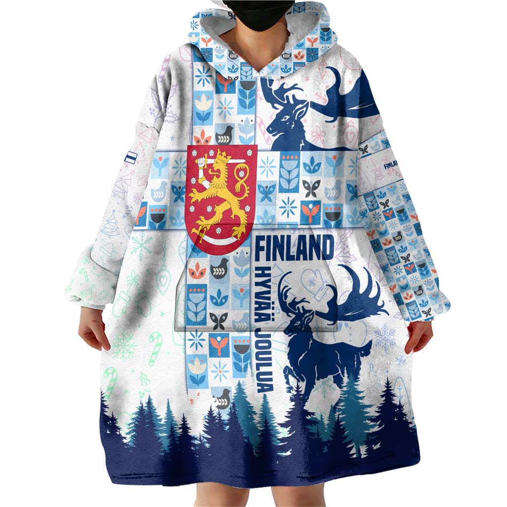 Finland Christmas Wearable Blanket Hoodie with Reindeer Forest Crest and Nordic Pattern Design - Wonder Print Shop
