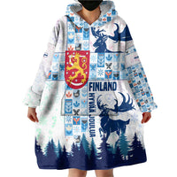 Finland Christmas Wearable Blanket Hoodie with Reindeer Forest Crest and Nordic Pattern Design - Wonder Print Shop