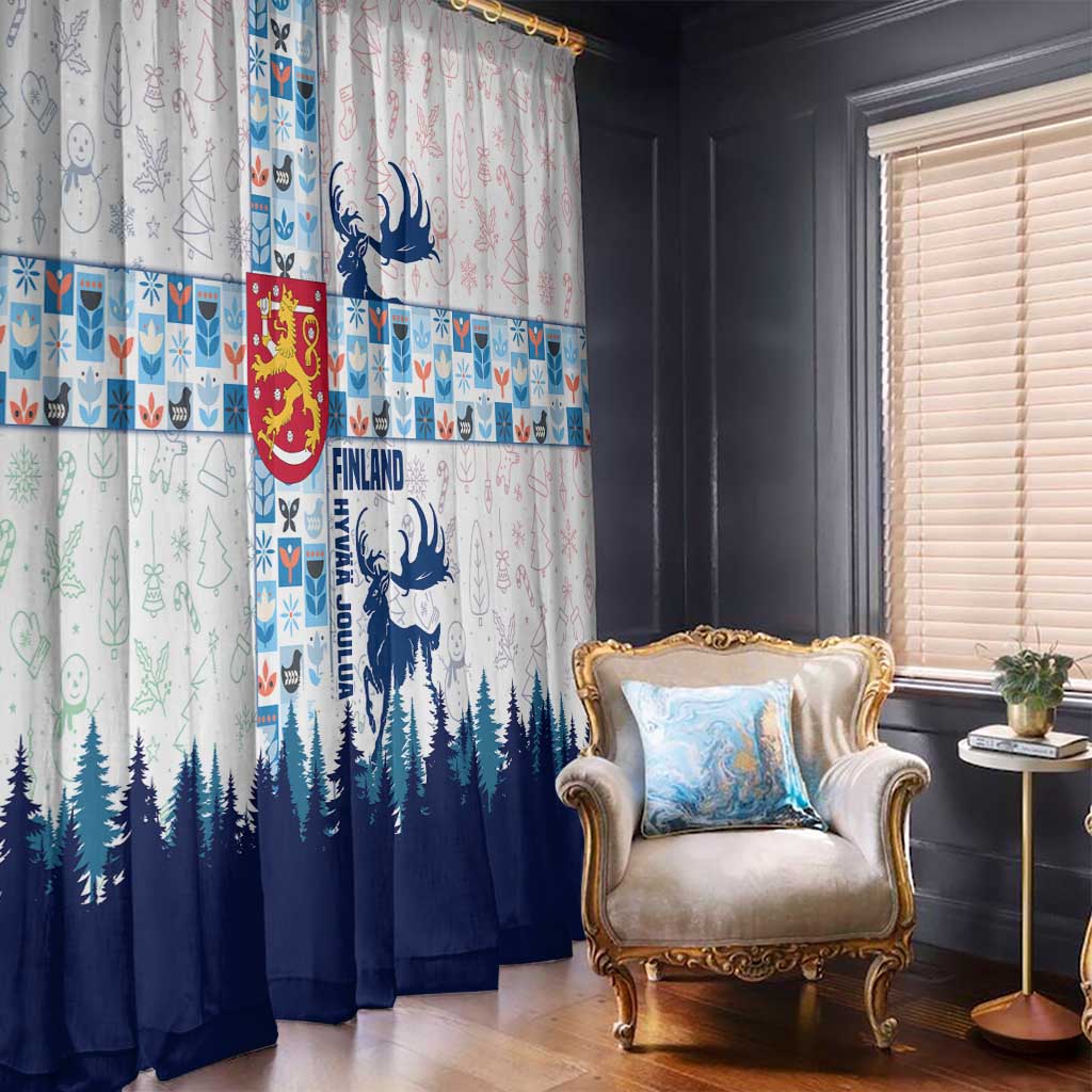 Finland Christmas Window Curtain with Reindeer Forest Crest and Nordic Pattern Design - Wonder Print Shop