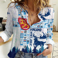Finland Christmas Women Casual Shirt with Reindeer Forest Crest and Nordic Pattern Design - Wonder Print Shop