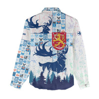 Finland Christmas Women Casual Shirt with Reindeer Forest Crest and Nordic Pattern Design - Wonder Print Shop