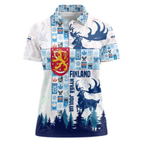 Finland Christmas Women Polo Shirt with Reindeer Forest Crest and Nordic Pattern Design - Wonder Print Shop