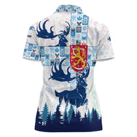 Finland Christmas Women Polo Shirt with Reindeer Forest Crest and Nordic Pattern Design - Wonder Print Shop