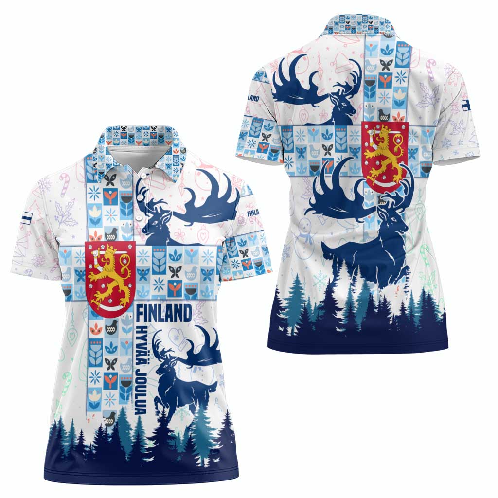 Finland Christmas Women Polo Shirt with Reindeer Forest Crest and Nordic Pattern Design - Wonder Print Shop