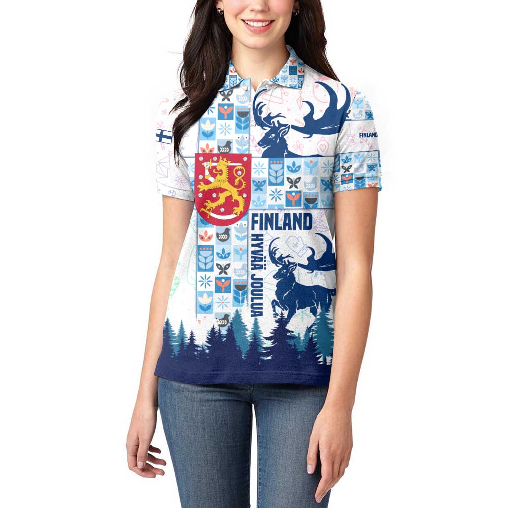Finland Christmas Women Polo Shirt with Reindeer Forest Crest and Nordic Pattern Design - Wonder Print Shop